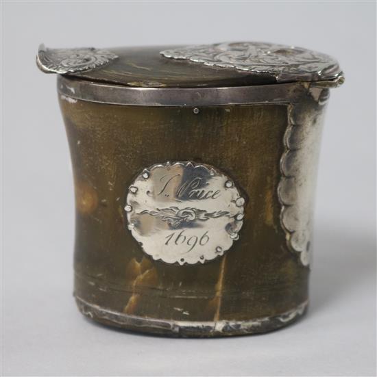 An antique silver mounted horn snuff box, height 6cm.